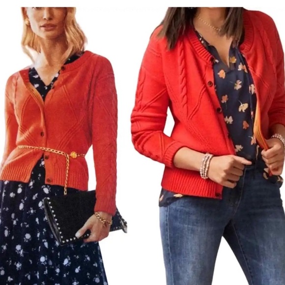 Cabi 5449 Orange Citrus Chunky Cable Knit Cardigan Sweater Button Up Medium - Picture 2 of 13